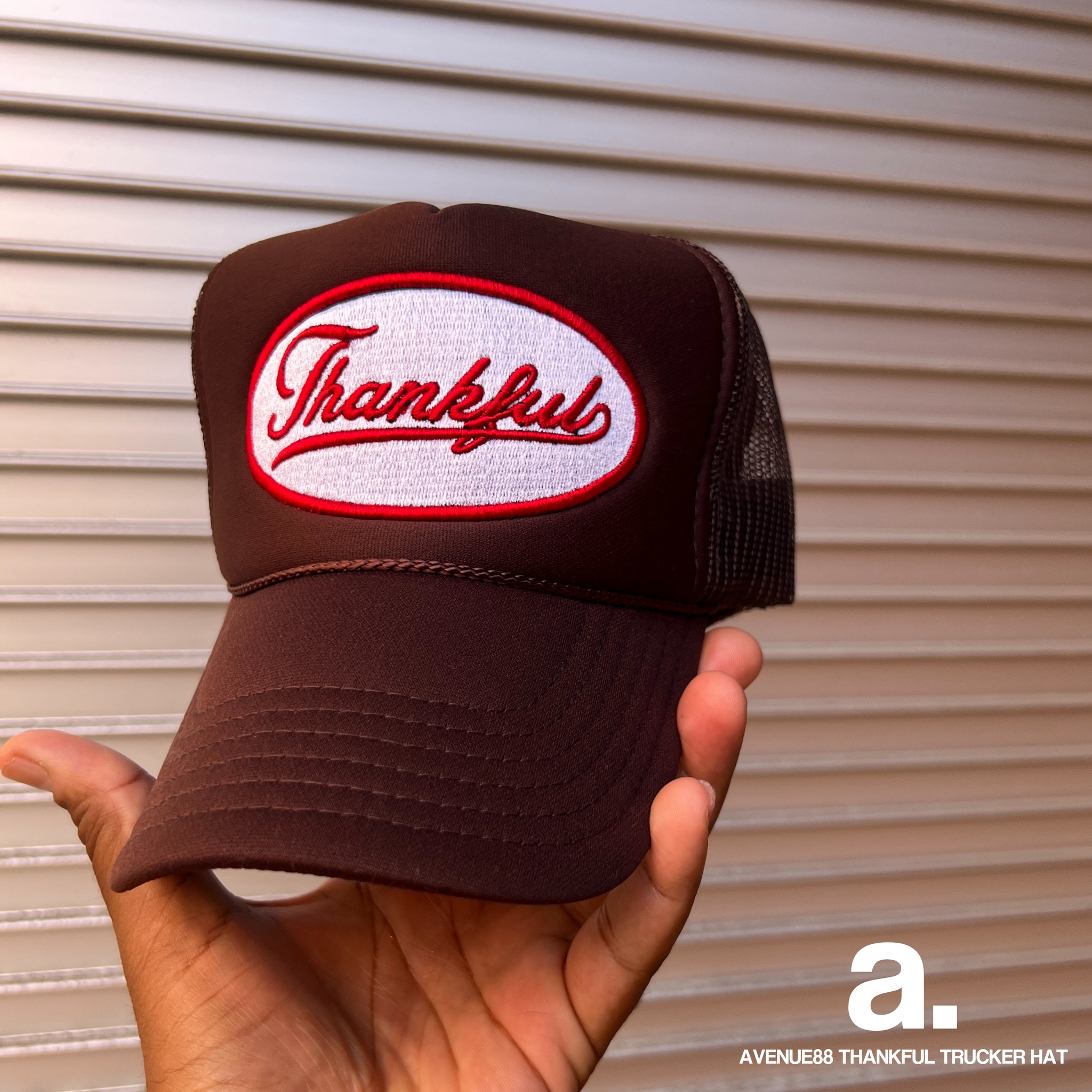 Thankful brown white red trucker hat